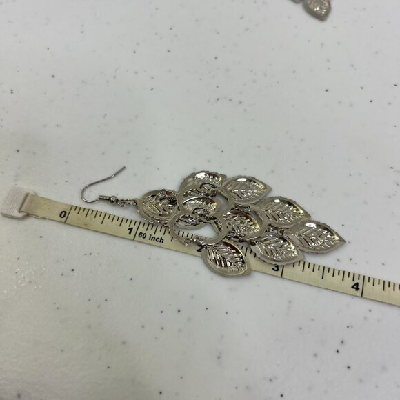 Leaf Earrings Dangle Silver Tone Charm Chandelier Boho Long‎ Statement Textured - Picture 5 of 5